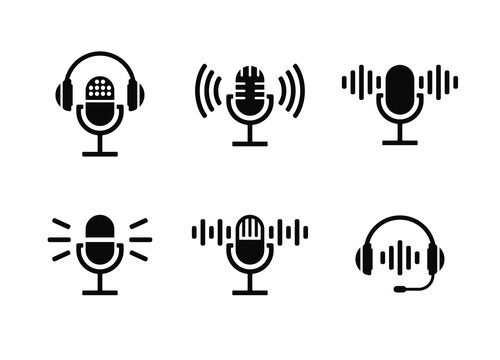 Microphone and headphones icon set. Contains such icons as podcast, voice, recording, and more. Vector illustration.