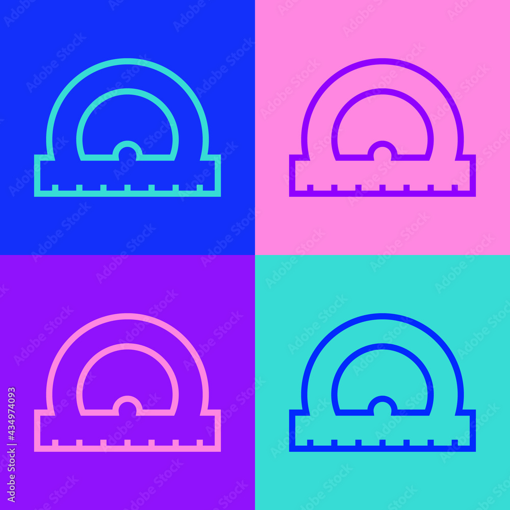 Poster pop art line protractor grid for measuring degrees icon isolated on color background. tilt angle met