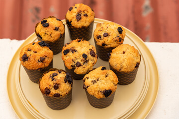 Homemade chocolate chip and raisin muffins.
