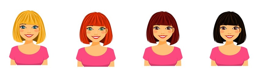 Young girl, set. Portraits of a smiling girl with different hair color. Flat style on white background. Cartoon.