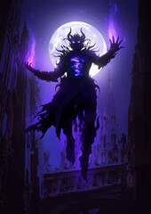 A sinister demon looms majestically in the air in the midst of Gothic cathedrals, its chest bursting with mystical flames, fire burning in its clawed palms. 2d illustration.