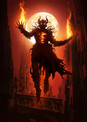 A sinister demon looms majestically in the air in the midst of Gothic cathedrals, its chest bursting with mystical flames, fire burning in its clawed palms. 2d illustration.