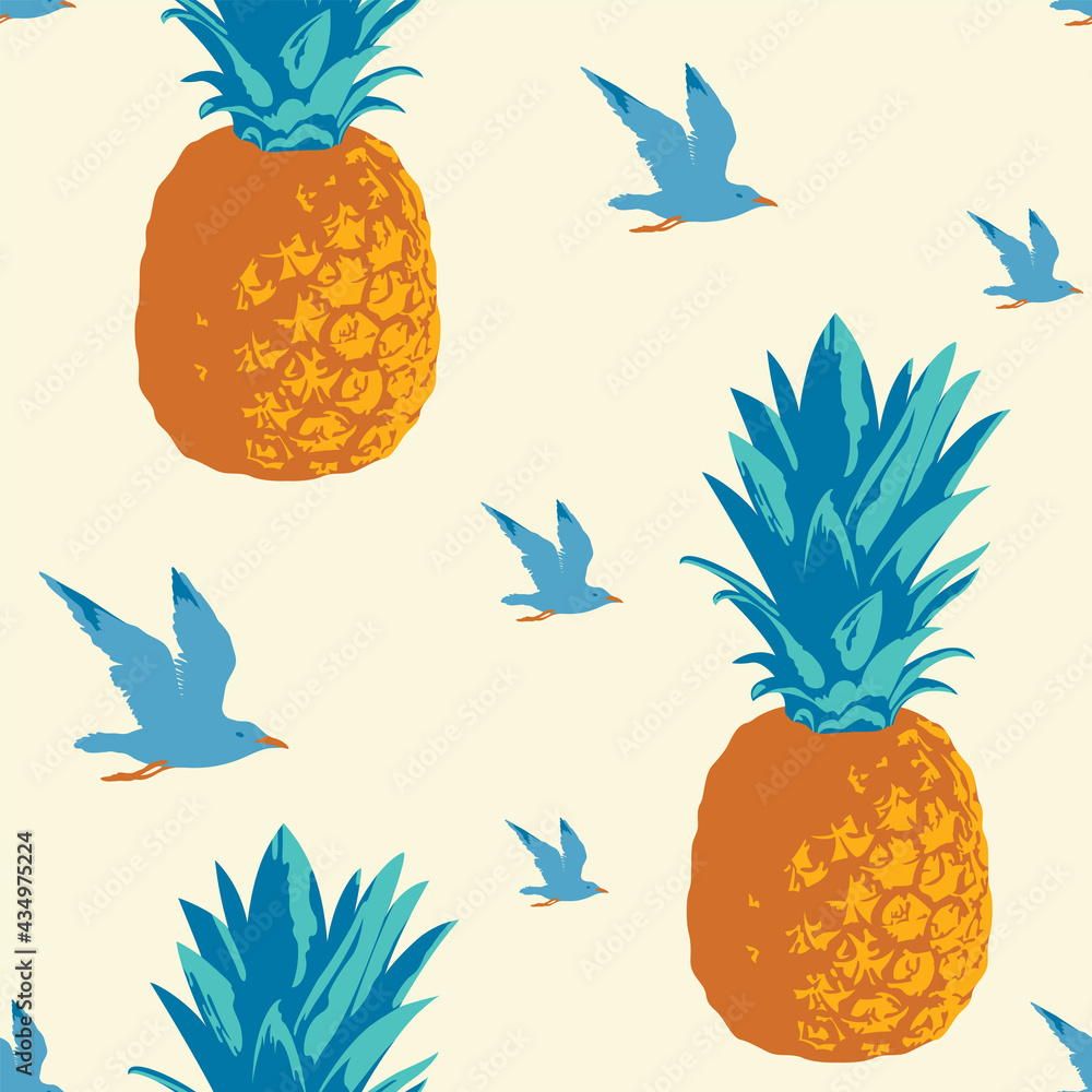 Poster vector seamless pattern with pineapples and flying seagulls on a light backdrop. decorative repeatin