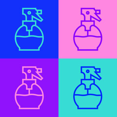 Pop art line Hairdresser pistol spray bottle with water icon isolated on color background. Vector