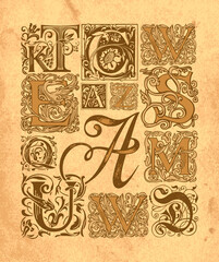 A set of ornate initial letters with Baroque ornaments. Hand-drawn vintage capital letters on an old paper background. Vector beautiful uppercase letters for monogram, logo, greeting card, invitation