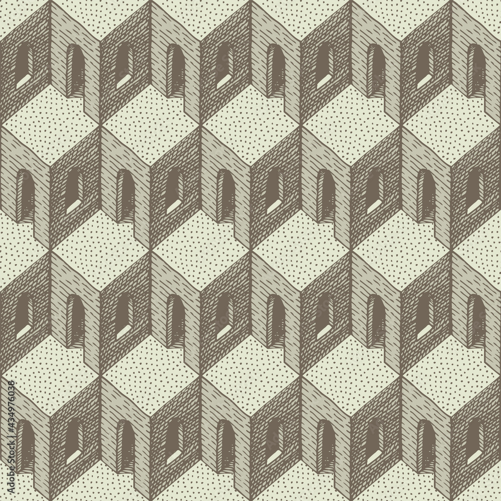 Poster seamless pattern with hand-drawn 3d architectural elements. repeating vector texture with many ident