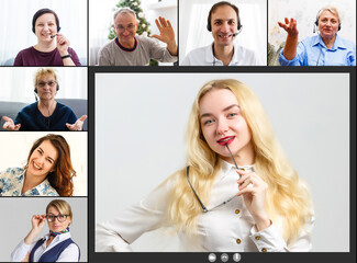 Collage with many different people of various ethicities, on colored backgrounds