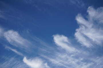 Beautiful summer blue sky with white feather clouds, natural background for banner.Soft spindrift clouds.Natural cloudy sky backdrop.Spring clouds texture