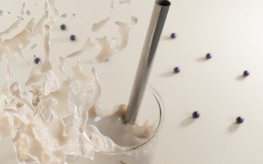 Glass of bubble milk tea, milkshake or chocolate cocktail with straws top view. Realistic 3d illustration drink with blueberries, fruit jelly balls. Cup cold coffee on almond milk with splash wave