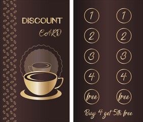 Cup of coffee. Coffee discount card,voucher,coupon for cafe with golden coffee cup and mirror. Rich brown background.