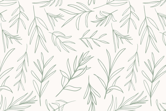Sage Green Vector Leaves, Botanical Seamless Repeat Pattern. Random Placed Herb Plants All Over Print on ecru white Background.