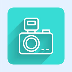 White line Photo camera with lighting flash icon isolated with long shadow. Foto camera. Digital photography. Green square button. Vector