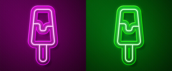 Glowing neon line Ice cream icon isolated on purple and green background. Sweet symbol. Vector