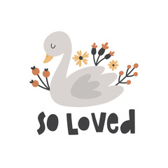 vector illustration of cute swan and flowers