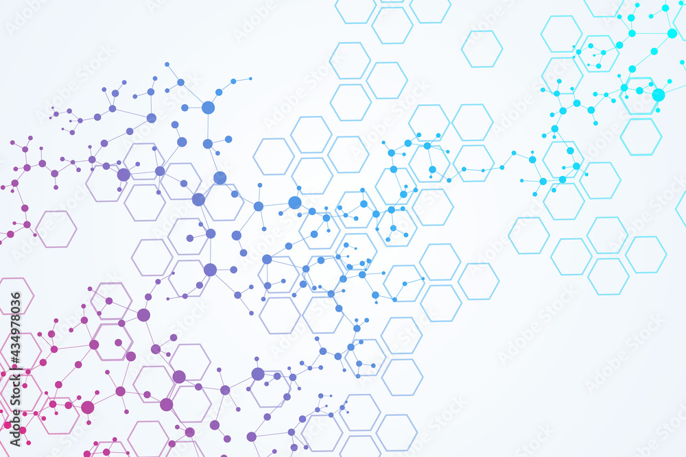 Poster science network pattern, connecting lines and dots. technology hexagons structure or molecular conne