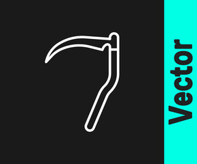 White line Scythe icon isolated on black background. Happy Halloween party. Vector