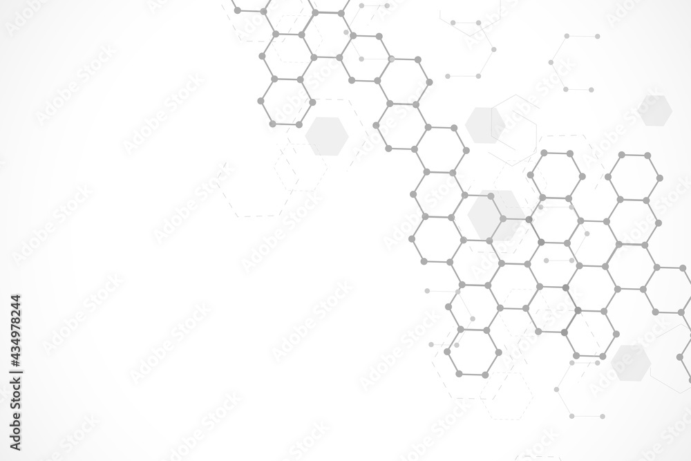 Poster science network pattern, connecting lines and dots. technology hexagons structure or molecular conne