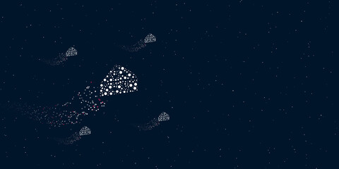 A cheese symbol filled with dots flies through the stars leaving a trail behind. Four small symbols around. Empty space for text on the right. Vector illustration on dark blue background with stars