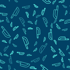 Green line Knife icon isolated seamless pattern on blue background. Cutlery symbol. Happy Halloween party. Vector