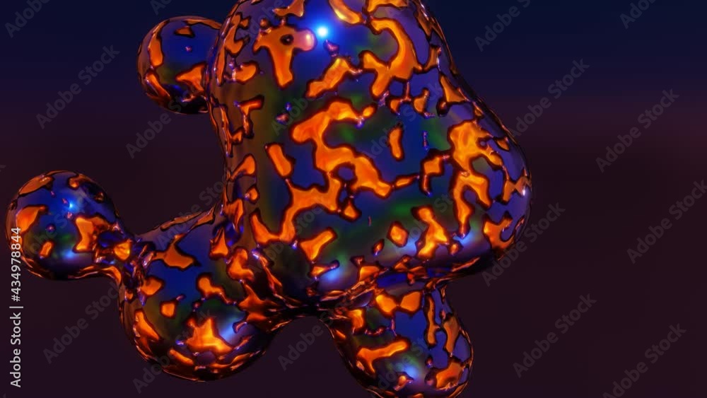 Poster blue-orange smooth spheres fly against a dark background and merge with each other. looped abstract 