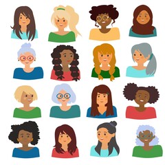 Diverse women with different hairstyles Collection of portraits of girls and old women Set of vector illustration