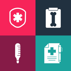 Set pop art Medical prescription and pen, thermometer, X-ray shots and shield with cross icon. Vector