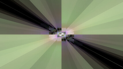 3D rendering of a reflective room of lines that meet in the center forming colored squares in the background creating an abstract futuristic background of green, black and purple