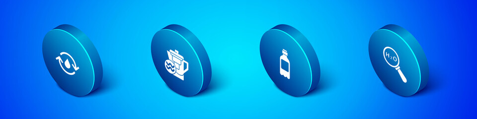 Set Isometric Recycle clean aqua, Bottle of water, Chemical formula for H2O and Water jug with filter icon. Vector