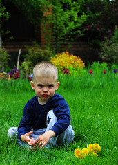 little boy sits on the grass. Selective focus