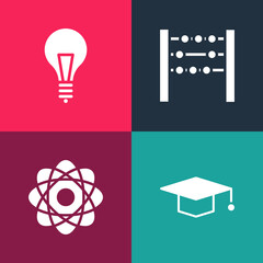 Set pop art Graduation cap, Atom, Abacus and Light bulb with concept of idea icon. Vector