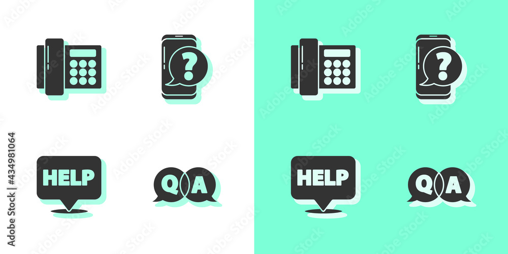 Poster set question and answer, telephone, speech bubble with text help and mobile question icon. vector