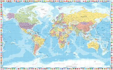 Color World Map - Vector Illustration. Map of the World and Flags