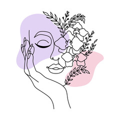 Women's faces in one line art style with flowers and leaves.Continuous line art in elegant style for prints. The Concept of Skin Beauty Care for young female models