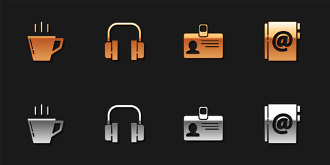 Set Coffee cup, Headphones, Identification badge and Address book icon. Vector