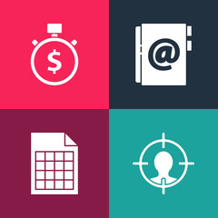 Set pop art Head hunting concept, File document, Address book and Time is money icon. Vector