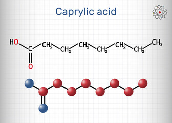 Caprylic acid, octanoic acid  molecule. It is straight-chain saturated fatty and carboxylic acid. Salts are octanoates or caprylates. Sheet of paper in a cage