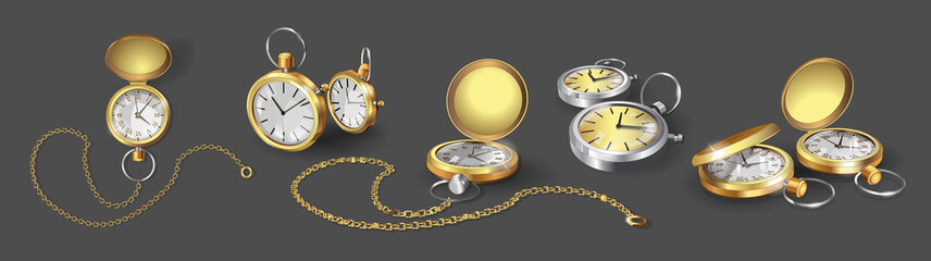 Set with realistic 3d models of gold, chrome and silver pocket watches. Collection of classic pocket Watches with chain Poster Design Template. Vector Illustration
