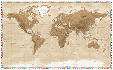 Vintage World Map. Sepia Colors. Flags. Vector
