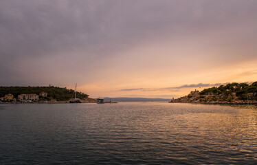 Makarska bay and marina at sunset. Croatia, August 2020