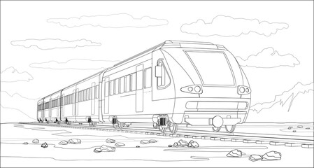 Vector coloring page with 3d model modern high-speed train and bright landscape. Beautiful vector illustration with train travel. Beautiful high-tech train graphic vector