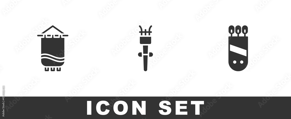 Poster set medieval flag, torch flame and quiver with arrows icon. vector