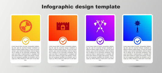 Set Round wooden shield, Medieval castle gate, Crossed medieval axes and chained mace ball. Business infographic template. Vector