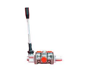 Mono block hydraulic valve levers or manual directional control valve for control flow and pressure of oil or fluid start stop  into hydraulic cylinder  isolated on white with clipping path