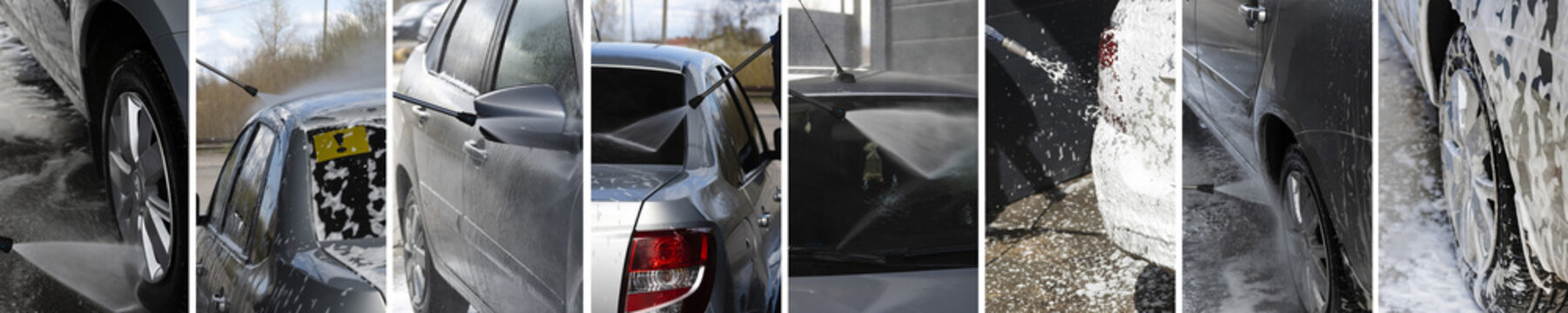 Car wash collage of different car cleaning photos. The process of cleaning the gray car outside at the self-service station. Background banner or wide panoramic photo, car cleaning services.
