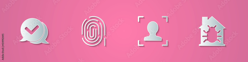 Poster set paper cut check mark in speech bubble, fingerprint, face recognition and house system bug icon. 