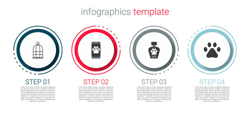 Set Cage for birds, Veterinary clinic, Pet shampoo and Paw print. Business infographic template. Vector