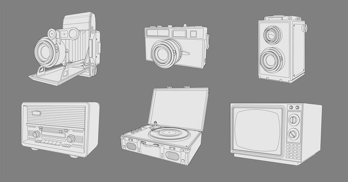 Retro appliances, set of vintage machinery. Coloring page with Collection of retro vintage radio, TV, photo cameras, turntable vinil record. 3d design, vector illustration, sketch, vector