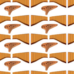 Realistic pan flute and ocarina isolated seamless pattern on white background. Traditional russian and peruvian musical instruments. Zampona. Folk instrument from Peru, Bolivia and Mexico. Vector