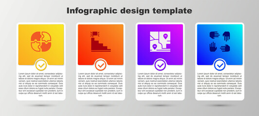 Set Piece of puzzle, Stair with finish flag, Folded map location and Project team base. Business infographic template. Vector