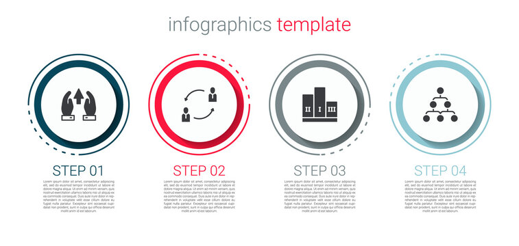 Set Growth chart and progress, Human resources, Award over winner podium and Hierarchy organogram. Business infographic template. Vector